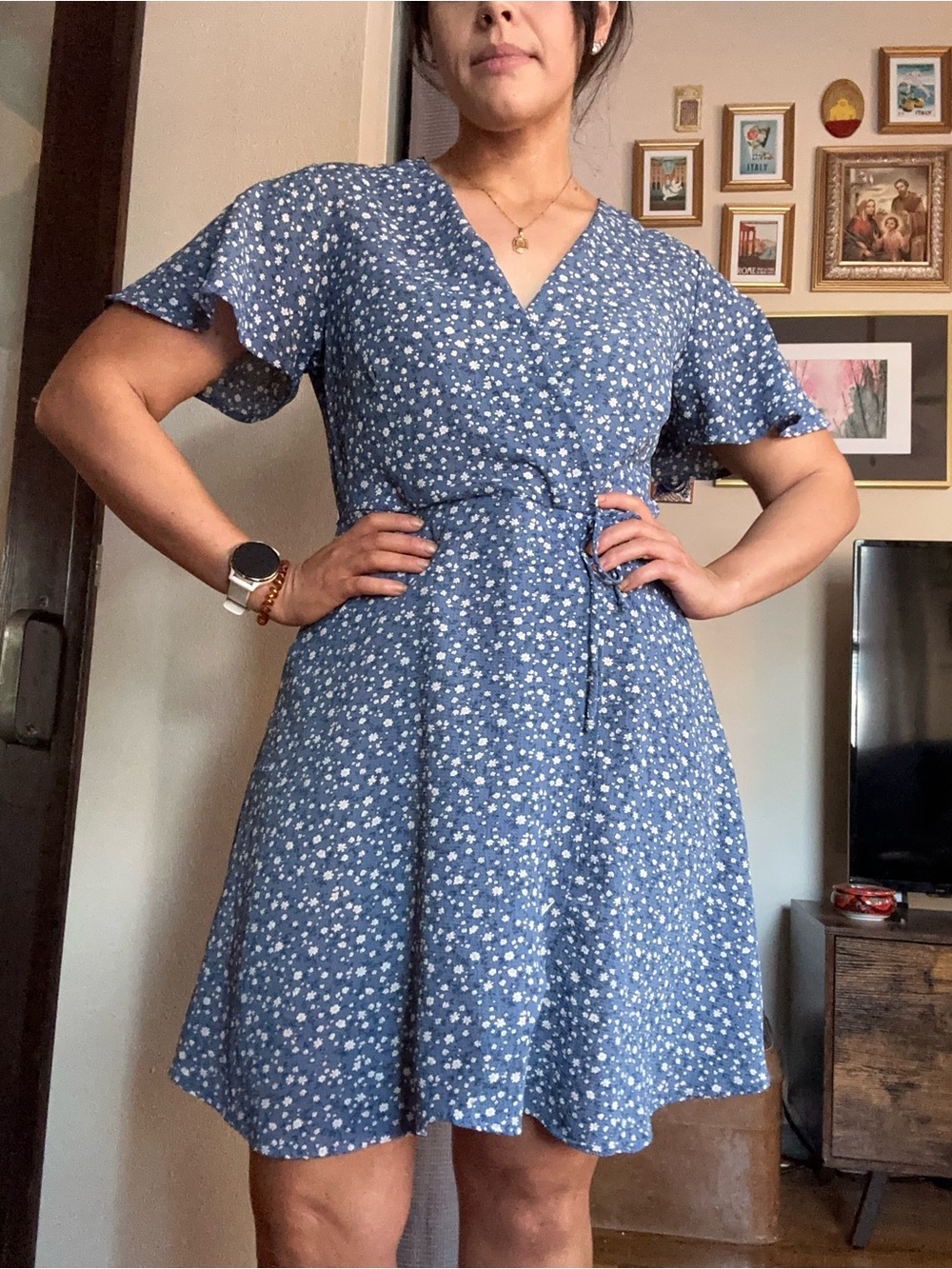 Monteau Dusty Blue White Floral V-Neck Tie-Waist Mini Dress